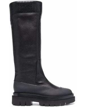 Santoni Ribbed Leather Knee-High Boots - Black