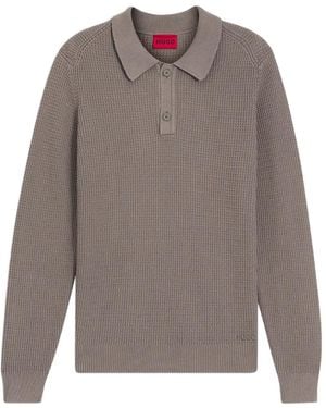 HUGO Waffle-Knit Long Sleeved Polo Shirt - Grey