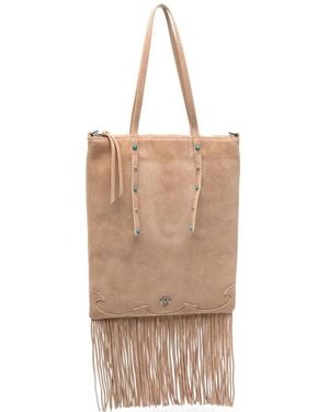 Pinko Mini Fringed-Detailing Stud-Embellished Suede Tote Bag - Natural