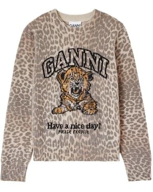 Ganni Leopard-Intarsia Sweater - White