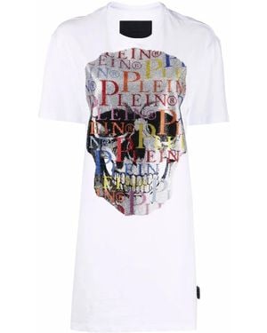 Philipp Plein Skull Rhinestone Logo T-Shirt Dress - White