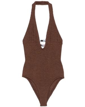 Hunza G Adriana Bead-Embellished Crinkle-Effect Swimsuit - Brown