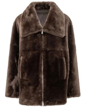 Blancha Wide-Collar Shearling Jacket - Brown