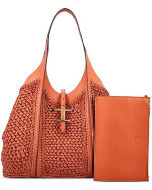 Tod's T Timeless Raffia Shoulder Bag - Orange