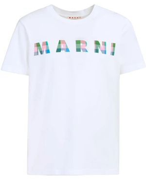 Marni Gingham Logo-Print Cotton T-Shirt - White