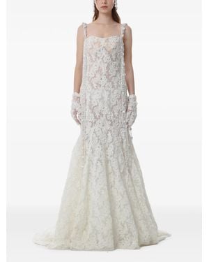 Dina Melwani Pearl-Embellished Lace Maxi Dress - White