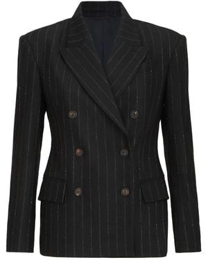 Brunello Cucinelli Comfort Virgin Wool Dazzling Chalk Stripe Blazer With Monili - Black