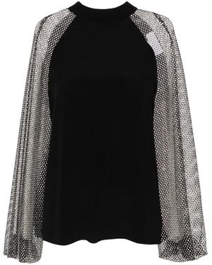 Genny Rhinestone Mesh-Sleeves Blouse - Black