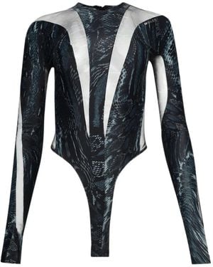 Mugler Snake-Print Mesh Bodysuit - Black