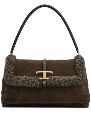 Tod's Suède Schoudertas Met Lammy Afwerking - Zwart