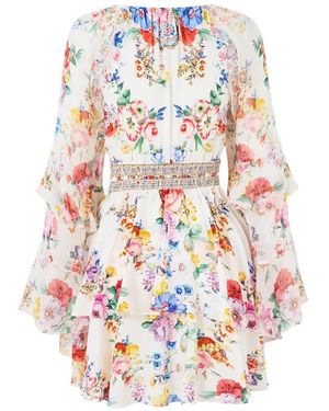 camilla tie front mini dress Camilla Tie Front Short Dress With Hem Ruffle - The Call Of Catalonia - 30% Off