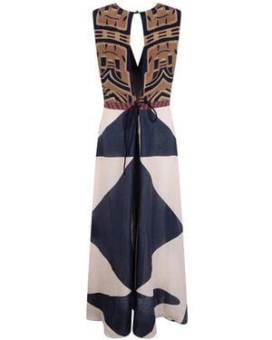 VOLANTIS Ginko Abstract-Print V-Neck Linen Dress - Blue