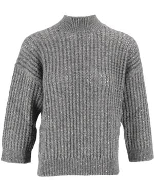 Peserico Sequin-Embellished Ribbed-Knit Sweater - Gray