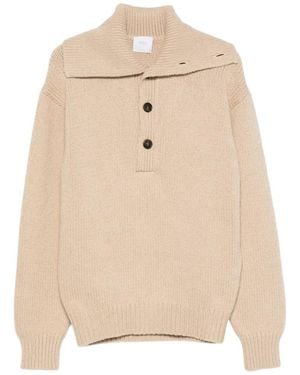 Malo Button-Fastening Ribbed-Collar Knit - Natural