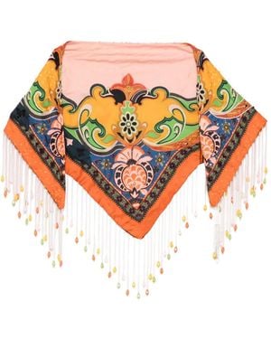 Etro Paisley-Print Beaded-Fringe Scarf - White