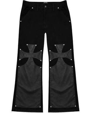 77 Studios Double-Knee Leather-Patch Jeans - Black