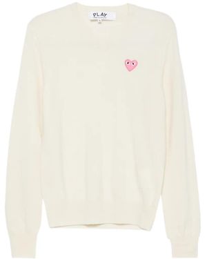 COMME DES GARÇONS PLAY Pull À Col V Et Écusson Cœur - White