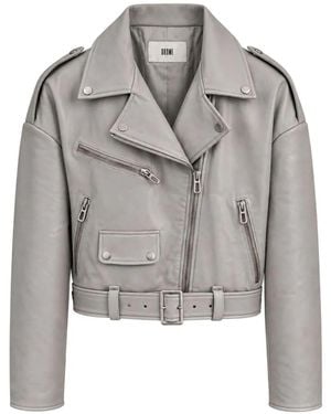 DROMe Belted Cropped Leather Jacket - Grey