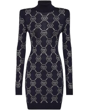 Philipp Plein Vestido corto con monograma con cristales - Azul