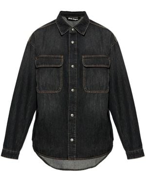 Palm Angels Camicia Denim Con Stampa Logo - Nero