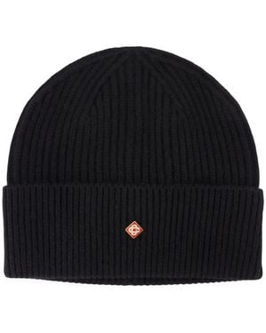 CASABLANCA Ribbed-Knit Logo-Plaque Beanie Hat - Black