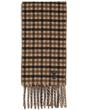 Ami Paris Karierter Schal Mit Ami De Coeur-Patch - Braun