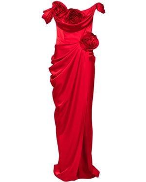 Ana Radu Floral-Appliqué Draped Gown - Red
