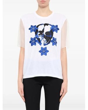 McQueen Skull-Print Mesh-Sleeve T-Shirt - White