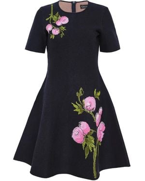 Oscar de la Renta Floral-Embroidered Short-Sleeve Mini Dress - Black