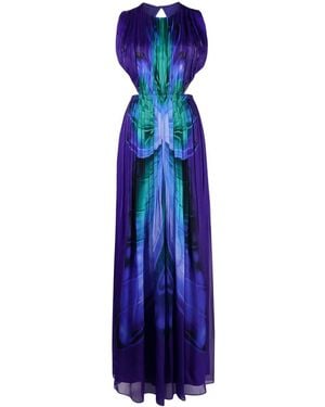 Alberta Ferretti Butterfly-Print Pleated Chiffon Gown - Blue