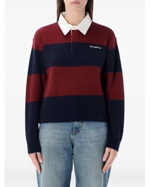 Sporty & Rich Logo-Embroidered Striped-Pattern Polo Top - Blue