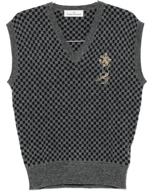 Vivienne Westwood Checkerboard-Knit Orb-Embroidered Sleeveless Jumper - Black