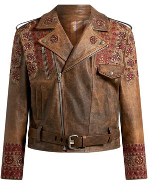 Etro Leather Biker Jacket With Embroidery - Brown