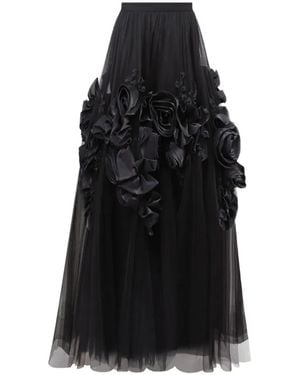 Gemy Maalouf Floral-Appliqué Tulle Midi Skirt - Black