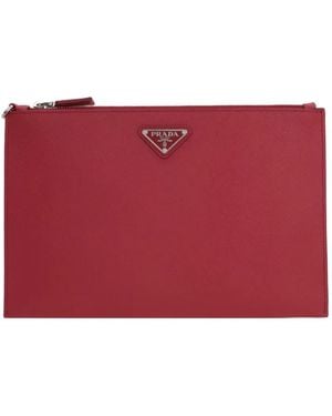 Prada Triangle-Logo Clutch Bag - Red