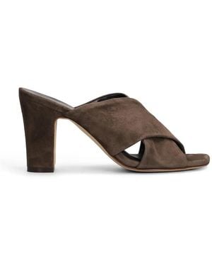 Julie Dee Crossover-Strap Suede Mules - Brown