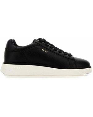 BOSS Logo-Detail Grained Leather Trainers - Black