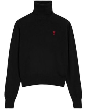 Ami Paris Merino Wool Turtleneck Jumper With Heart Logo - Black