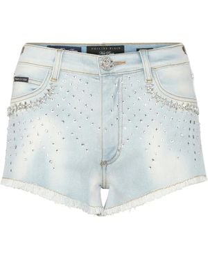 Philipp Plein Strass Denim Shorts - Blue
