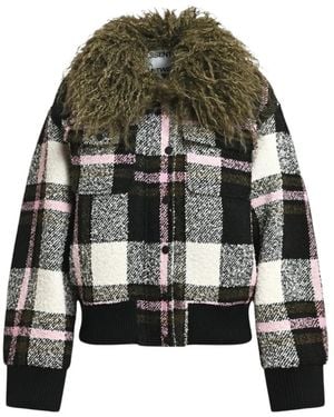 Essentiel Antwerp Check-Pattern Faux-Fur-Collar Jacket - Green