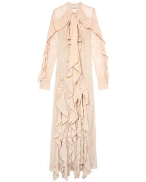 Blumarine Georgette Lace Pleated-Flounce Maxi Dress - White
