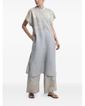 Greek Archaic Kori Embroidered Mandarin-Collar Dress - Grey