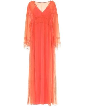 Alberta Ferretti Lace-Trimmed V-Neck Maxi Dress - Red