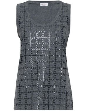 Brunello Cucinelli Cotton Jersey Top With Dazzling Windowpane Embroidery - Gray