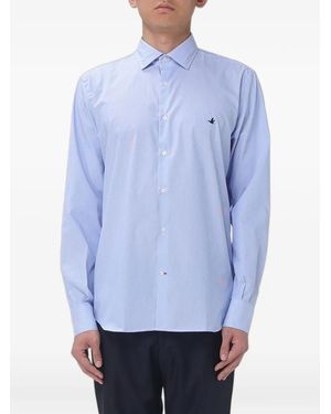 Brooksfield Vertical-Stripe Logo-Embroidered Shirt - Blue
