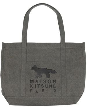 Maison Kitsuné Large Profile Fox Logo-Print Tote Bag - Grey