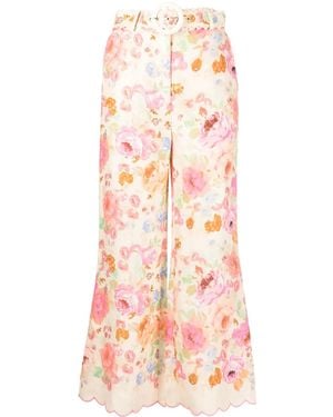 Zimmermann Raie Floral-Print Flared Linen Trousers - Pink
