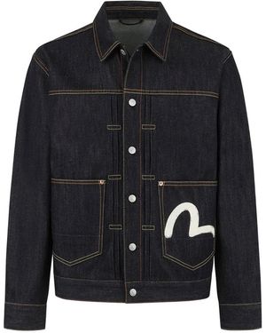 Evisu Seagull-Print Pleated Denim Jacket - Black