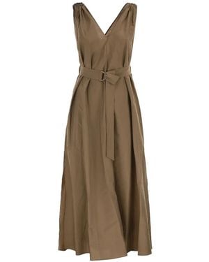 Brunello Cucinelli Belted V-Neck Midi Dress - Natural