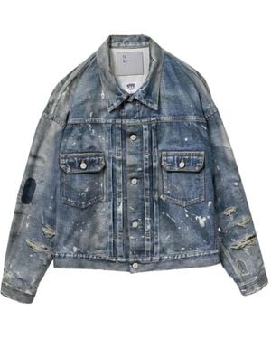 Junya Watanabe Paint-Splatter Distressed Denim Jacket - Blue